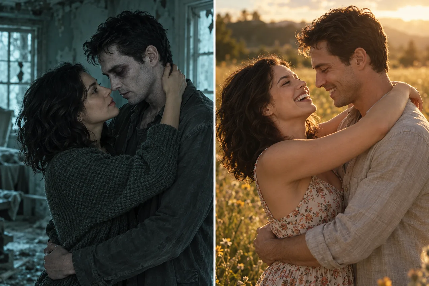 Fictional couple: a zombie embrace beside a golden meadow memory
